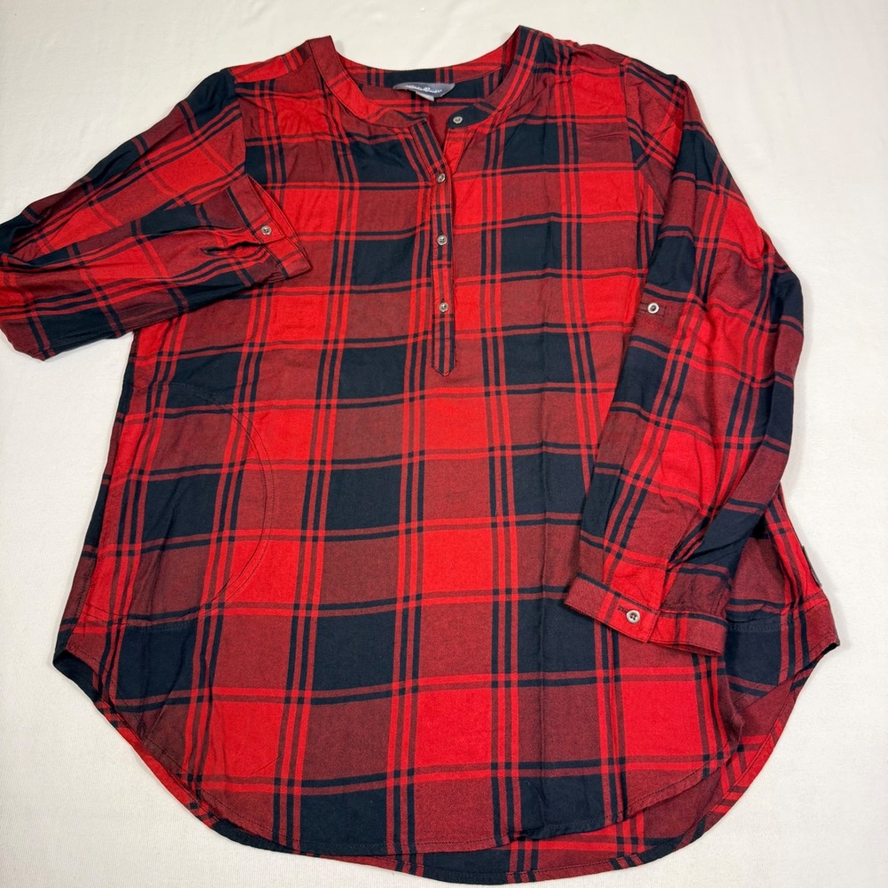 Eddie Bauer Plaid Tunic Top L Red Black Henley Pockets Roll Sleeve Rustic Cabin